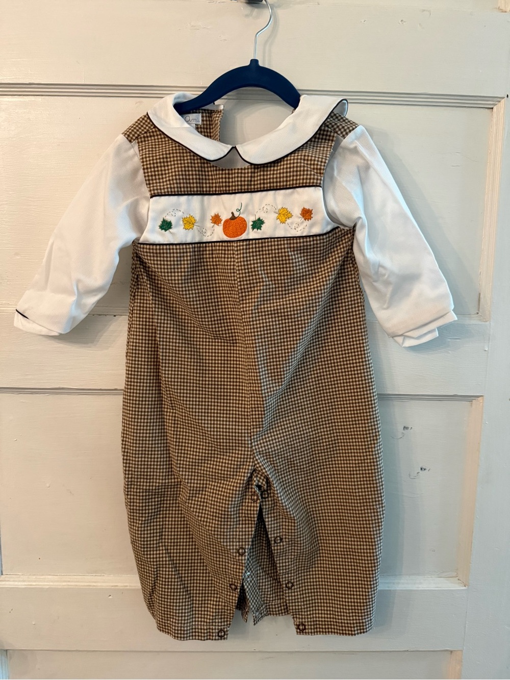 Ami Brown Plaid Pumpkin Smocked Romper with White Collar